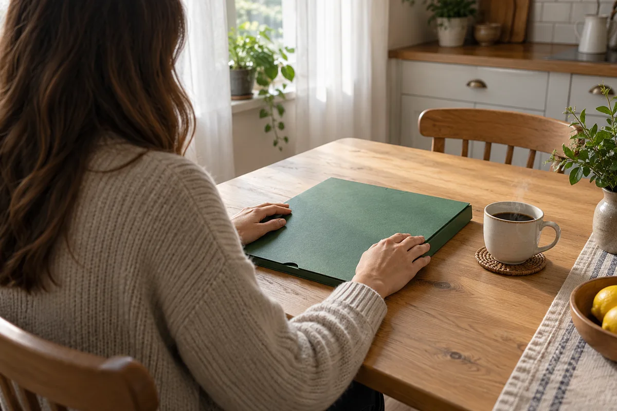 Mains posées sur une chemise cartonnée fermée, près d&rsquo;une tasse fumante, sur une table de cuisine