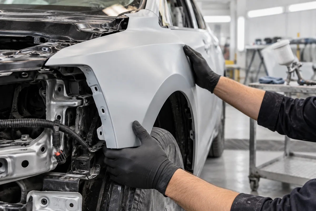 Mains gantées ajustant une aile neuve sur une voiture en réparation dans un atelier de carrosserie