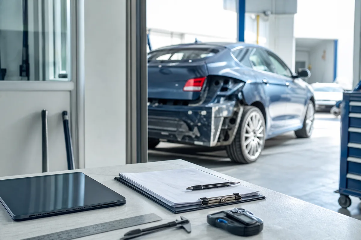 Voiture accidentée examinée dans un garage urbain avec outils au premier plan
