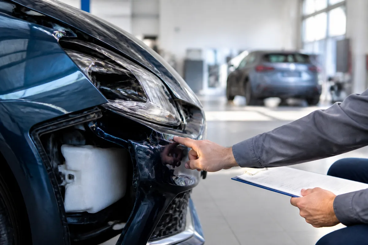 Expert automobile examinant l&rsquo;avant endommagé d&rsquo;une voiture dans un atelier