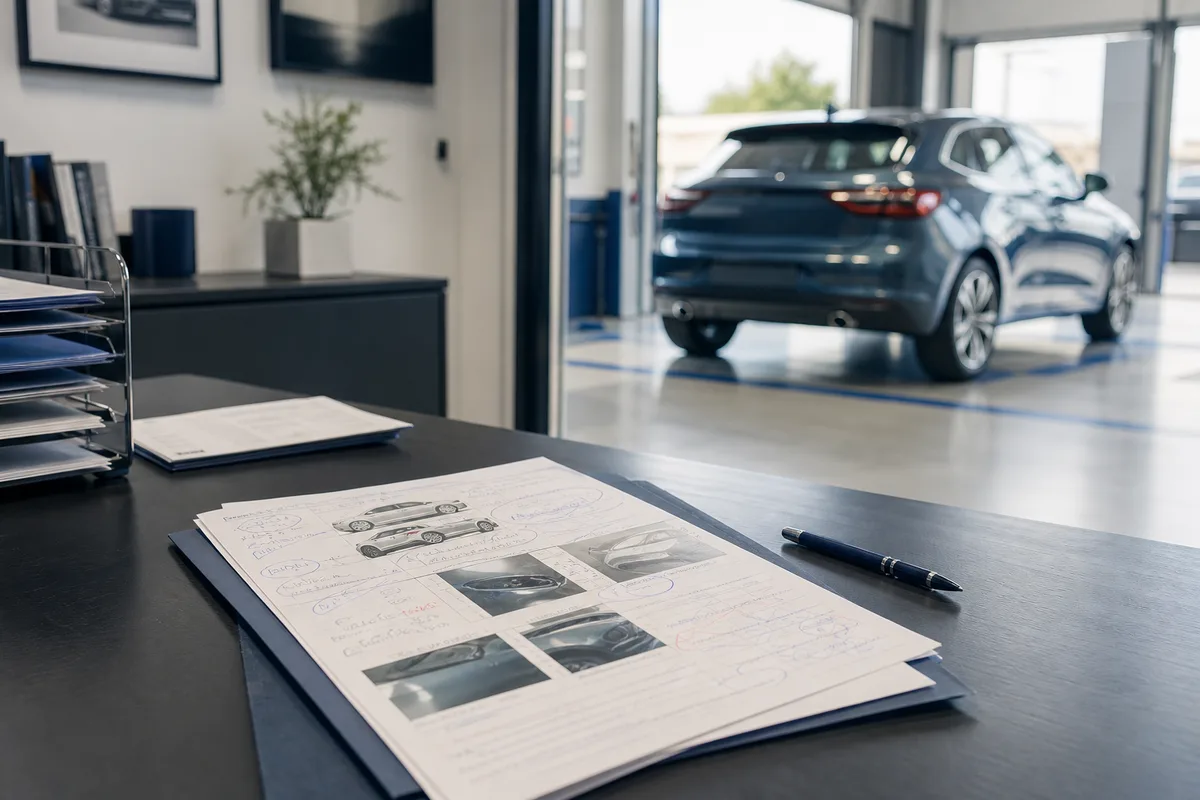 Rapport d&rsquo;expertise automobile annoté posé sur un bureau avec un stylo