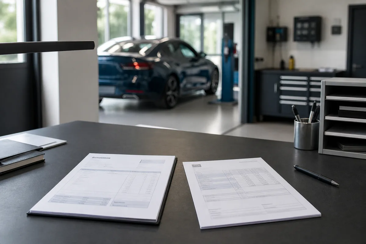Facture de réparation automobile et devis posés sur un plan de travail d’atelier