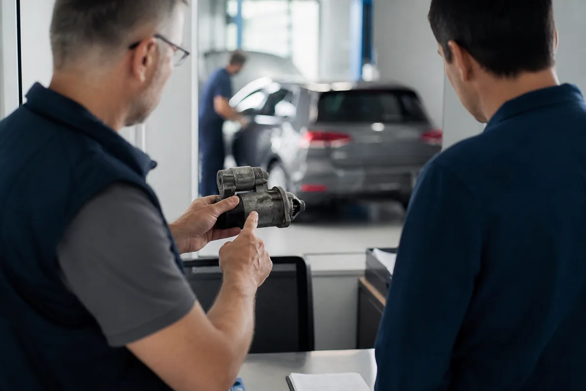 Mécanicien montrant une pièce automobile usagée à un client dans un garage