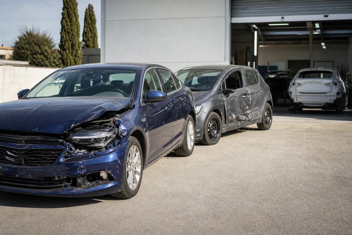 Deux voitures accidentées alignées dans un parc de stockage en extérieur