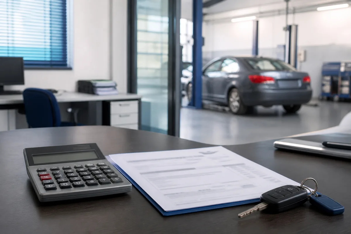 Calculatrice, devis de réparation et clés de voiture posés sur une table
